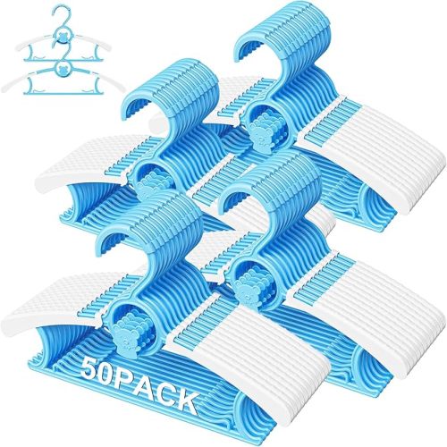 50 Pack Kids Hangers for Nursery Closet, Adjustable Non-Slip Toddler Baby Hangers with Windproof Buckle, 11-14" Infant Child Plastic Clothes Pant Hanger for Boys Girls Newborn Adult, Blue