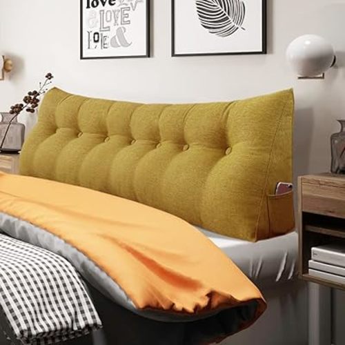 Headboard Pillow Wedge King Size Large Bolster Pillow for Bed Triangle Reading Pillow Back Support Pillow for Sitting Up in Bed XXL Couch Daybed Backrest Cushion Linen Yellow