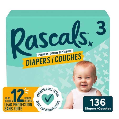 Rascals Premium Absorbent Baby Diapers, Size 3, Carton, 136 Count - Walmart.ca