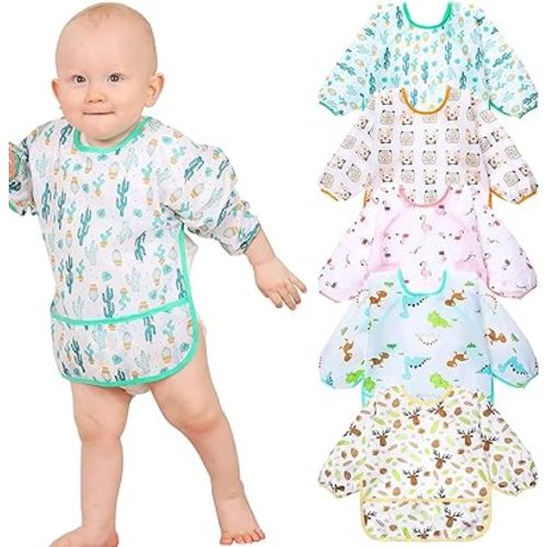 Lictin Long Sleeve Bibs 5 Pack - Baby Bibs for Girl or Boy, 0-24 Months Neutral Baby Smock for Eating, Waterproof Toddler Bibs, Reusable Infant Baby Bibs for Feeding Teething or Weaning
