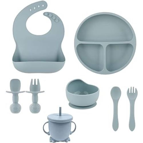 Silicone Baby Feeding Set,BPA Free Silicone Toddler Flatware Set,Baby Led Weaning Supplies Includes Baby Divided Suction Plate,Suction Bowls,Adjustable Bib,Cup with Straw,2 Spoons,2 Forks(Dust Blue)