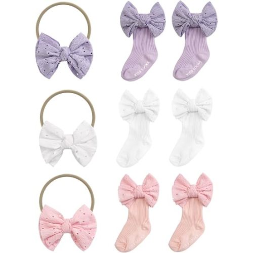 DED 3 Sets Baby Girl Bow Headband and Non-Slip Socks for Newborns