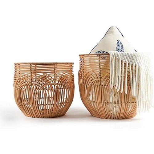 Set Of 2 Large Woven Blanket Baskets | Round Wicker Rattan Storage Floor Baskets for Shoe In Living Room | Extra Big Boho Rattan Laundry Baskets For Pillow, Blanket, Clothes
