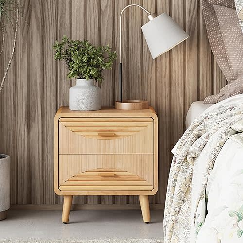 2-Drawer Farmhouse Nightstand, Mid Century Nightstand Fully Assembled with Handcrafted, Boho, Rustic Style, Natural Wood,