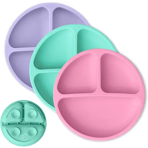 Hippypotamus Toddler Plates with Suction - Baby Plates - 100% Food-Grade Silicone Divided Plates - BPA Free - Microwave & Dishwasher Safe - Set of 3 (Pink / Mint / Lavender)