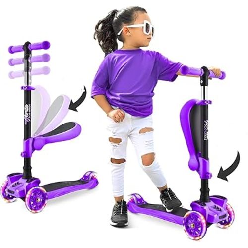 Hurtle 3-Wheeled Scooter for Kids - Wheel LED Lights, Adjustable Lean-to-Steer Handlebar, and Foldable Seat - Sit or Stand Ride with Brake for Boys and Girls Ages 1-14 Years Old