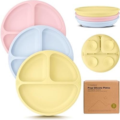 KeaBabies Suction Plates for Baby, Toddler - 3-Pack 100% Silicone Toddler Plates with Suction, Divided, BPA-Free Baby Led Weaning Essentials for Kids, Dishwasher, Microwave Safe, Durable (Popsicle)