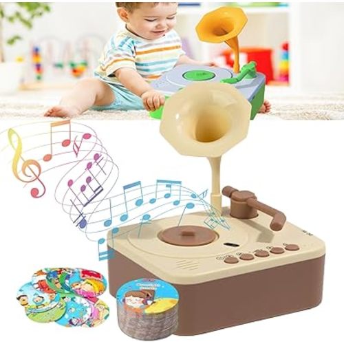 Kids Gramophone with 96 Learning Cards, 2024 New Toddler Gramophone Toy for Kids Ages 3-6, Toddler Phonograph Record Player, Musical Sensory Toy Listen with Story & Music for Boy and Girl (Brown)
