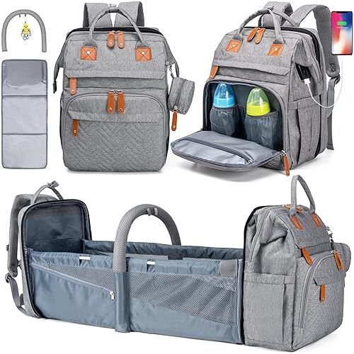 KABAQOO Diaper Bag Backpack, Large Baby Diaper Bags for Boys Girls, Baby Bag with USB Charging Port, Multifunction Waterproof Travel Back Pack for Moms Dads, Grey