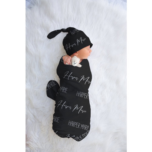 Personalized Black nursery swaddle blanket set with name | baby gift | Baby hat & headband | minky blanket | Neutrals Collection