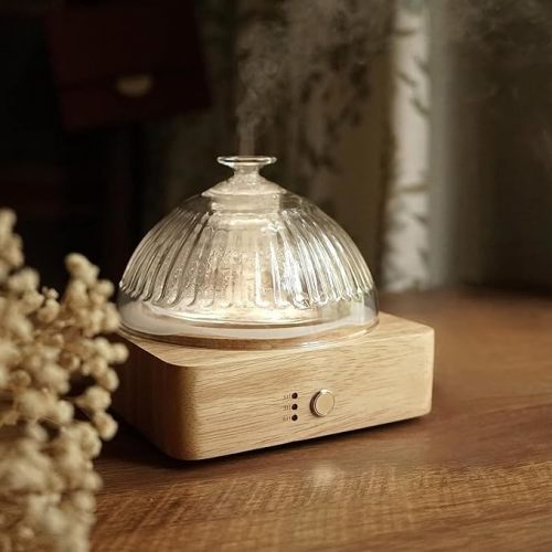Glass Dome Essential Oil Diffuser with Glass Reservoir & Wood Base-Plastic Free, 200ml Ultrasonic Glass Diffuser for Aromatherapy with Timer 7 Color Light Auto-Off for Gift Home Office Yoga Pilates