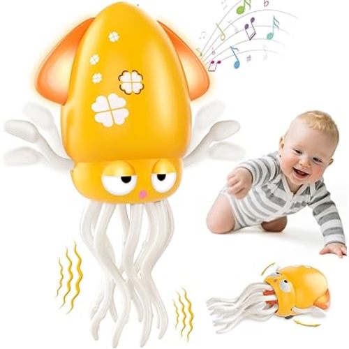Baby Dancing Octopus Toy for 1 2 3 4 5 Year Old Boy Girl, Baby Tummy Time Electric Crawling Octopus Toys 12-18 Months, Dancing Squid Toy for Walking Toddlers, Kids 1st Birthday Gifts, Yellow