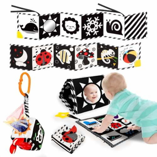 3 PCS Black and White High Contrast Baby Toys for Newborn,Montessori Toy Sensory Infant Tummy Time Toy Baby Essentials 0-6-12 Months Gifts