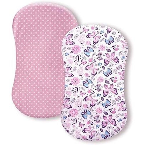 AMROSE Premium Cotton Butterfly Bassinet Sheets, Fit for Halo Bassinest Swivel Sleeper, 2 Pack Hourglass Bassinet Mattress Sheet Set for Girl, Soft Breathable Safe, Pink & Floral Butterfly Prints