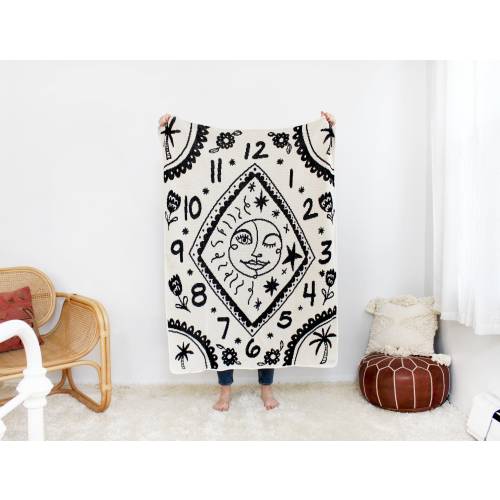 Counting Sun & Moon Mini Blanket - Black and White Knit Throw - Kid's Bedroom Decor - Gender Neutral Baby Shower Gift Nursery
