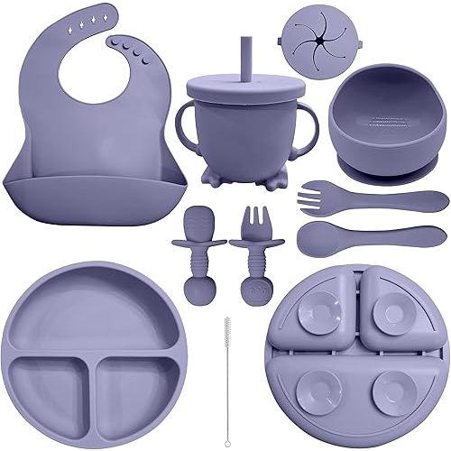 Baby Led Weaning Supplies | 10 Piece Silicone Feeding Set | Baby Toddler Bib Cup Divided Plate and Bowl Self Feeding Spoons Dish Set | Baby Utensils | Toddler Feeding Supplies (Purple)