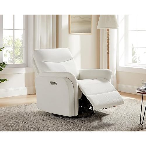 Power Recliner Chair Swivel Glider, Electric Rocking Recliner Chairs with USB and Type-C Ports, Nursery Chair Recliner for Living Room, Bedroom, Apartment（White）