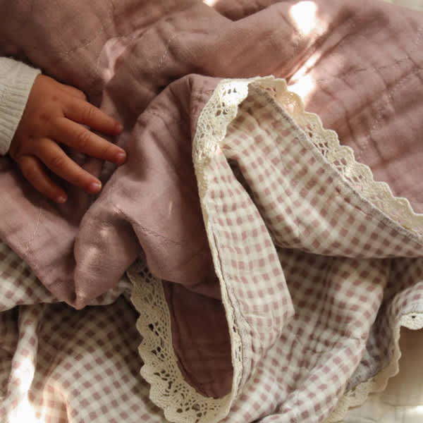 Mauve Solids + Gingham QUILTED 6 Layer Gauze Blanket
