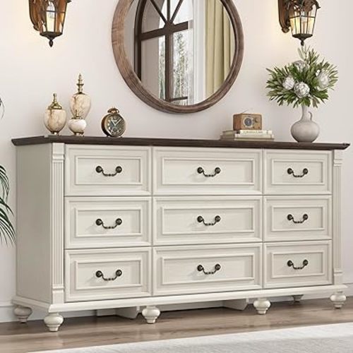 Farmhouse 9 Drawers Dresser for Bedroom with 6 Gourd Feet and Roman Column Decor, 63in Wide Wood Country Rustic Chest of Drawers, Storage Dressers for Bedroom, Living Room, Antique White