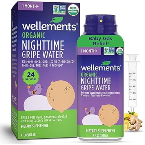 Wellements Organic Nighttime Gripe Water for Babies 1 Month+ (4 Fl Oz) - Baby Gripe Water for Bedtime Relief Gas, Colic & Fussiness - Herbs Promote a Peaceful Night’s Sleep - USDA Certified & Non GMO