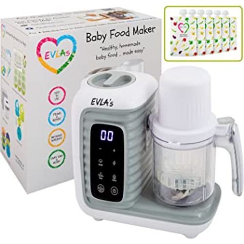 EVLA'S Double Baby Food Maker, Food Processor with 2 Steaming Baskets, Blender, Grinder, Steamer, Cook & Blends Healthy Homemade Baby Food in Minutes, Touch Screen Control, with 6 food pouches, White