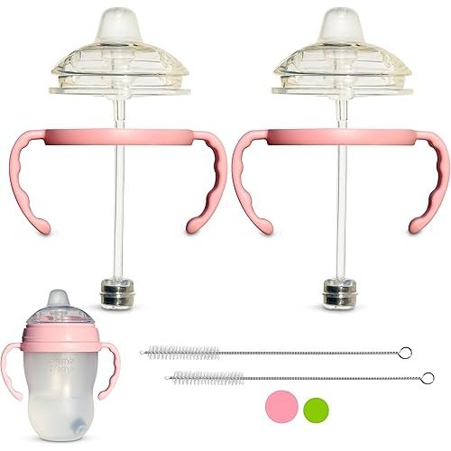Sippy Cup Conversion Kit for Comotomo Baby Bottles 2-Count, Soft Food Grade Silicone Spout Nipples, All Silicone Weighted Straw, Bottle Handles, Cleaning Brush, BPA-Free, 4+ months (Sippy Spout, Pink)
