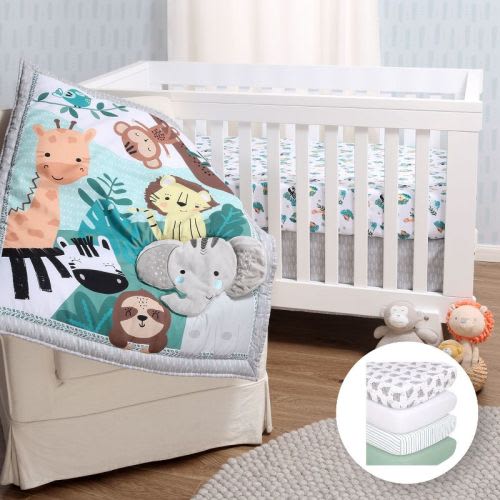 The Peanutshell Safari Adventures Crib Bedding Set for Baby Boys, 3-Piece Nursery Set in Green, Grey