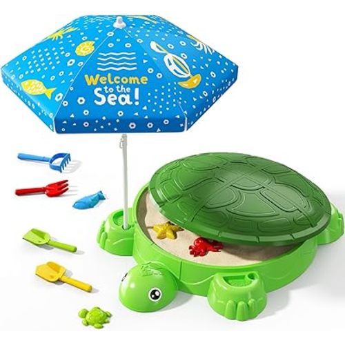 Turtle Sandbox with Lid & Adjustable Umbrella, Sand Box with Cover incl 8 Beach Toys, Kids Sand Activity Suit for Sensory Playsand, Summer Indoor Outdoor Toys Gifts for Toddler 3-5