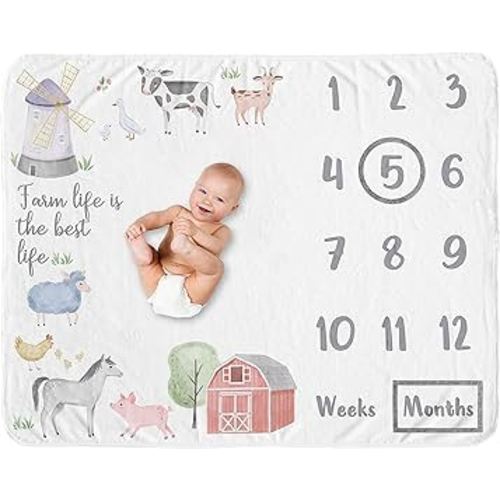 Sweet Jojo Designs Farm Animals Boy or Girl Milestone Blanket Monthly Newborn First Year Growth Mat Baby Shower Memory Keepsake Gift Picture - Watercolor Farmhouse Barn Horse Cow Sheep Pig Farm Life