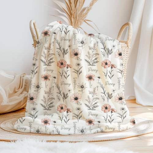 Personalized Vintage Wildflower Blanket, Minky, Sherpa, Cream Pink Mauve Flower Garden, Pressed Dried, Earthy Colors, Custom Name