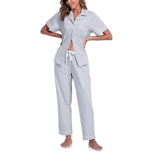 COLORFULLEAF Women's 100% Cotton Pajama Set Button Down Short Sleeve Shirt and Long Pants Sleepwear Soft ladies Lounge Sets