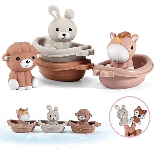 Nueplay Bathtub Toys for Toddlers 18M+,Baby Bath Toys with Animal Finger Puppets,Stackable Boat Train,Gift for Baby & Toddlers Set of 6