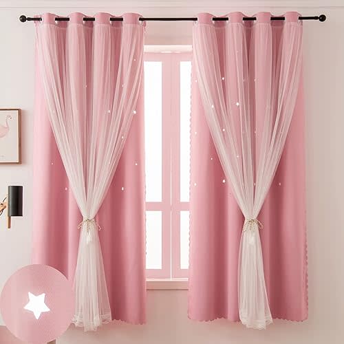 Pink Blackout Curtains for Girls Bedroom - Aesthetic Star Cutout Double Layer with Sheer Overlay, 63 Inch Length 1 Panel Baby Nursery Curtains Kids Room Decor Drapes