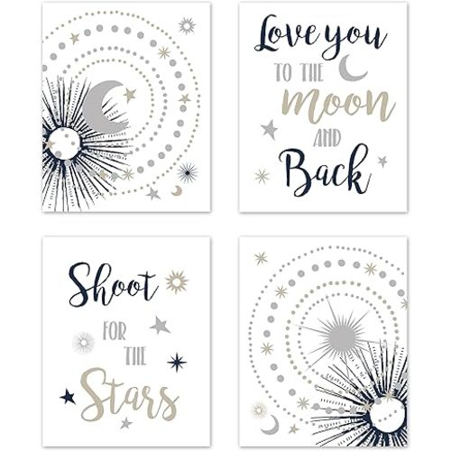 Sweet Jojo Designs Star and Moon Wall Art Prints Room Decor for Baby, Nursery, and Kids - Set of 4 - Navy Blue, Gold, and Grey Celestial Sky