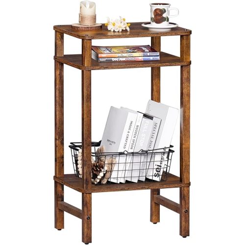 28in Tall Side Table 3-Tier Small Narrow End Table for Couch, Skinny Nightstand for Small Space, Farmhouse Slim Night Stand with Storage, Wooden Frame Thin Bedside Table, for Living Room, Brown