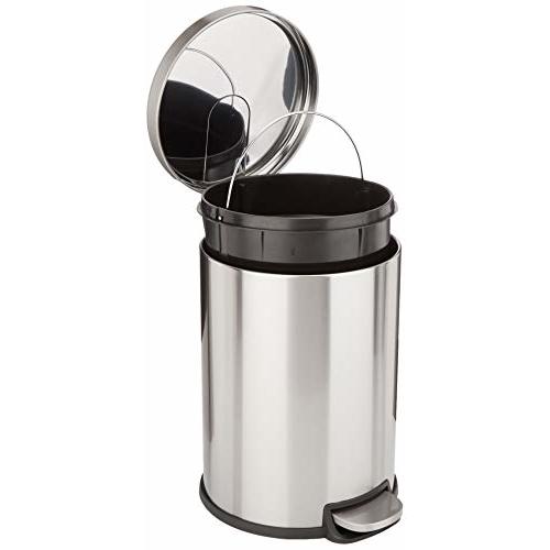 Amazon Basics Round Cylindrical Home Office Trash Can With Soft-Close Foot Pedal, 20 Liter/5.3 Gallon, Brushed Stainless Steel