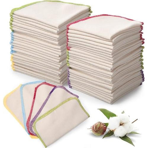 45 Pcs Flannel Cloth Baby Wipes Reusable Baby Diapers Wipes Washable Natural Unbleached Baby Face Wipes Soft and Sturdy Cloth Wipes 5 Colors Outer Stitching 8 x 8 Inches, 1.0 Count