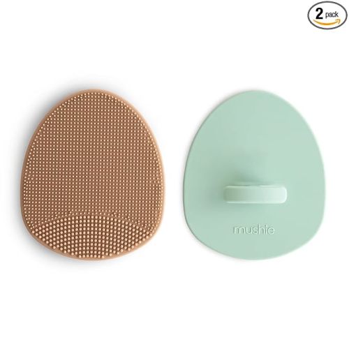 mushie Baby Bath Cradle Cap Brush | Soft Silicone Bristles for Dry Skin, Eczema, & Cradle Cap Treatment | 2-Pack (Natural/Cambridge Blue)