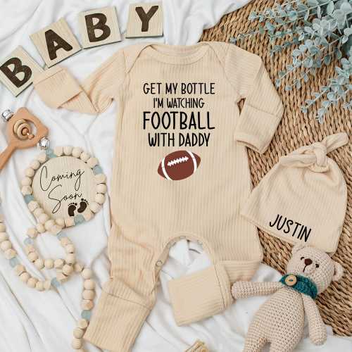 Get My Bottle I'm Watching Football with Daddy Baby Bodysuit, Funny Game Day Newborn Outfit, Football Baby Clothes, Sports Baby Gift