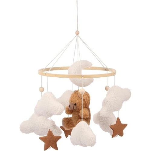 Baby Crib Mobile for Boys Girls Bassinet Soft Plush and Wood Nursery Mobile Cute Baby Bed Bell Charming Nursery Decor for Infant Newborn (Brown)
