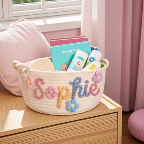 Personalized Baby Basket · Monogrammed Woven Basket · Cotton Knitted Nursery Basket · Newborn Baby Girl Gift · Baby Shower Basket