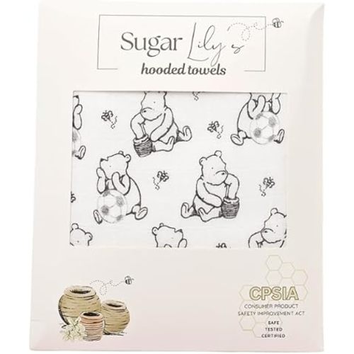 Sugar Lily's-Classic Pooh Hooded Towel and Washcloth Set, Black and White Classic Pooh +Soccer Ball Design, Cotton Terry Lined, Printed Muslin Cotton