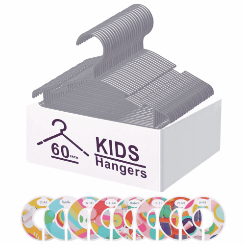 Northern Brothers Baby Hangers 60 Pack, Kids Nursery Closet Organizers with Anti-Slip Dividers, Gray (1-Tier, Space-Saving)
