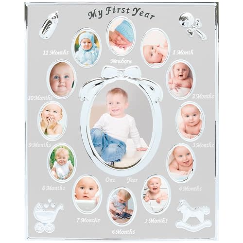 tiny ideas My First Year Picture Frame, Baby's First Twelve Months Photo Collage and Gender Neutral Keepsake, Ideal for Baby Shower, New Mom Gift and Nursery Decor, Silver Frame