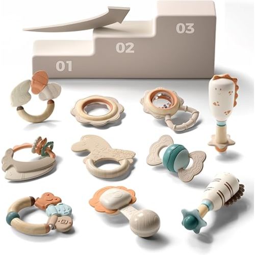 Evoceler Softness Staged Teething Toys (30° Super Soft, 50° Soft, 70° Regular) for Baby Teething Relief - 10 Pcs Pacifier-Grade Silicone Rattle Teethers for Babies 2-5, 5-9, 9-18+ Months, BPA Free