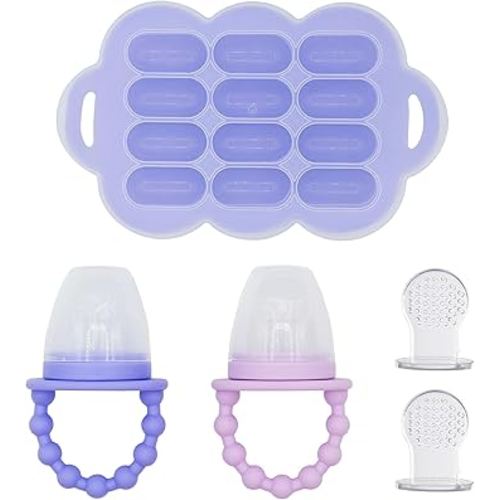 WeeSprout Baby Food Feeder Set - 2 Silicone Feeders & Reusable Freezer Tray with Lid - BPA-Free Fresh Fruit & Veggie Pacifier for Babies & Toddlers - Double as Teething Toys - Dishwasher Safe