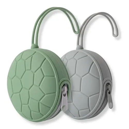 Silicone Pacifier Holder 2 Pack, Soother Case, Soother Pouch BPA Free Silicone, With Secure Zipper & Strap, o1baby (Olive, Grey)
