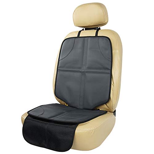 Viaviat Leather Car Seat Protector for Booster Durable Waterproof Protector Mat Large Auto Seat Cover with Storage Pocket for Child Toddler Safety Seat Baby Basket (Black)