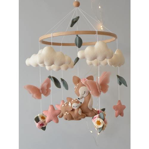 Deer  baby mobile girl. Butterflies baby mobile. Baby shower gift. Flowers baby mobile.