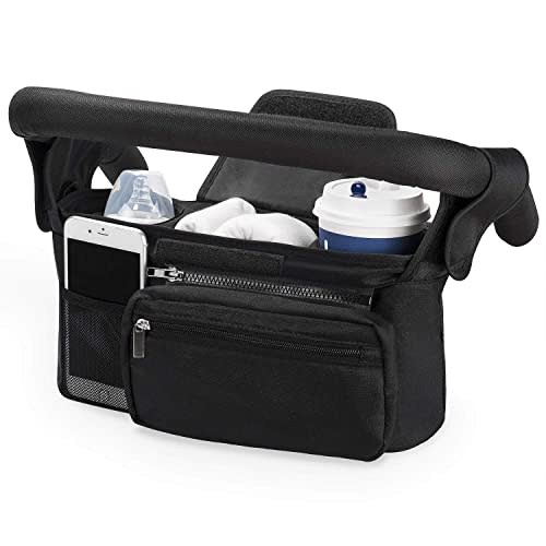 PATPAT Universal Stroller Organizer with 2 Insulated Cup Holders Detachable Zippered Bag Mesh Pocket & Adjustable Shoulder Strap Fits For All, Black